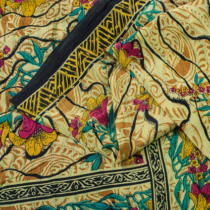 Sanskriti Vintage Beige Sari Soft 100%Pure Crepe Silk Floral Print Saree 5.5Yard
