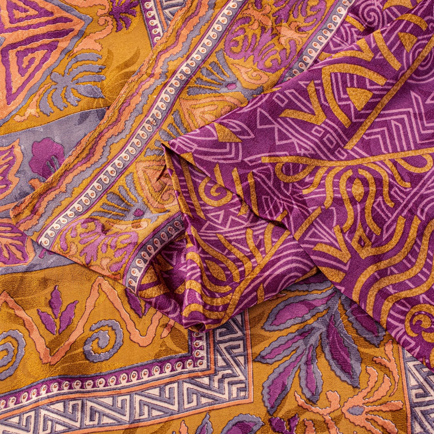 Sanskriti Vintage Purple-Yellow Sari Soft Pure Crepe Abstract Print Saree 5.5Yd