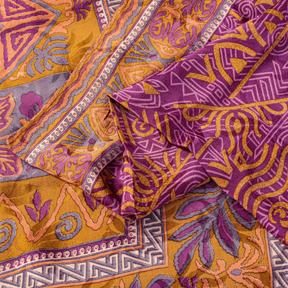 Sanskriti Vintage Purple-Yellow Sari Soft Pure Crepe Abstract Print Saree 5.5Yd
