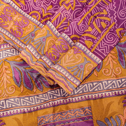 Sanskriti Vintage Purple-Yellow Sari Soft Pure Crepe Abstract Print Saree 5.5Yd