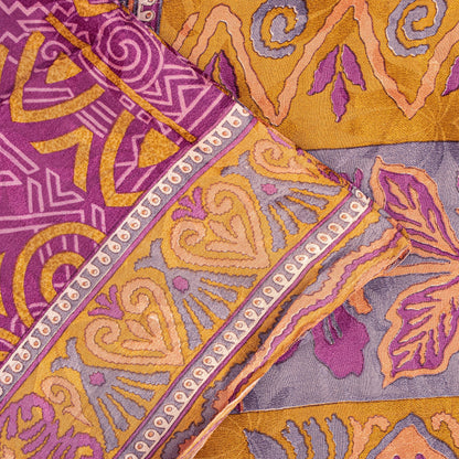 Sanskriti Vintage Purple-Yellow Sari Soft Pure Crepe Abstract Print Saree 5.5Yd