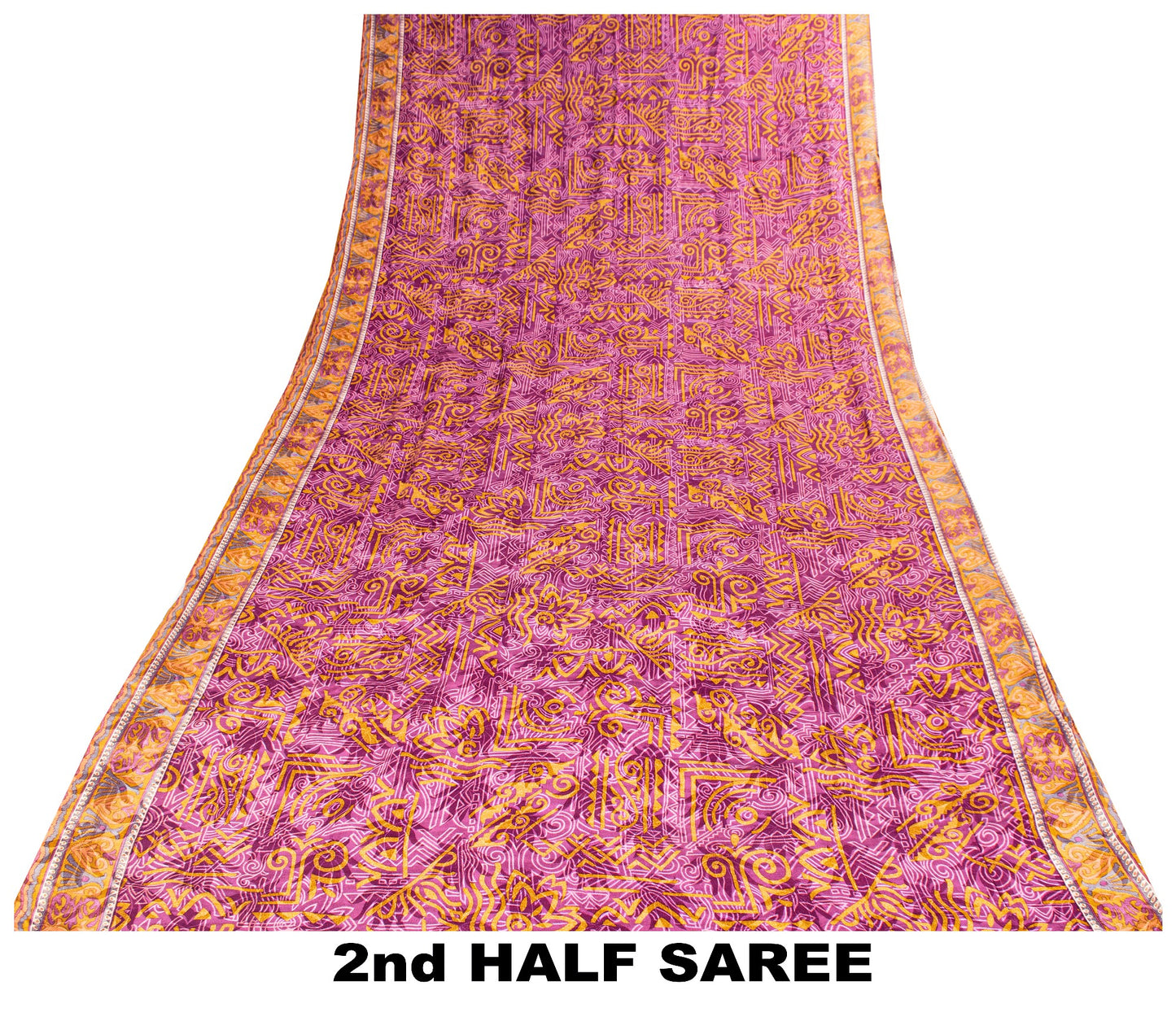 Sanskriti Vintage Purple-Yellow Sari Soft Pure Crepe Abstract Print Saree 5.5Yd