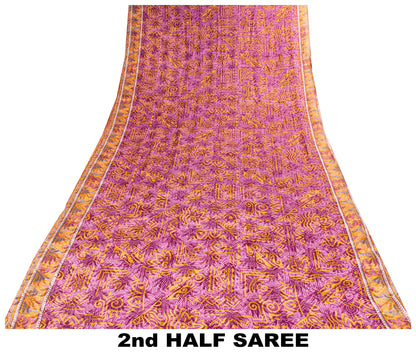 Sanskriti Vintage Purple-Yellow Sari Soft Pure Crepe Abstract Print Saree 5.5Yd