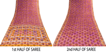 Sanskriti Vintage Purple-Yellow Sari Soft Pure Crepe Abstract Print Saree 5.5Yd