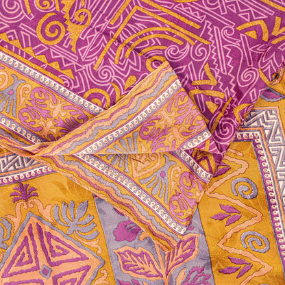 Sanskriti Vintage Purple-Yellow Sari Soft Pure Crepe Abstract Print Saree 5.5Yd
