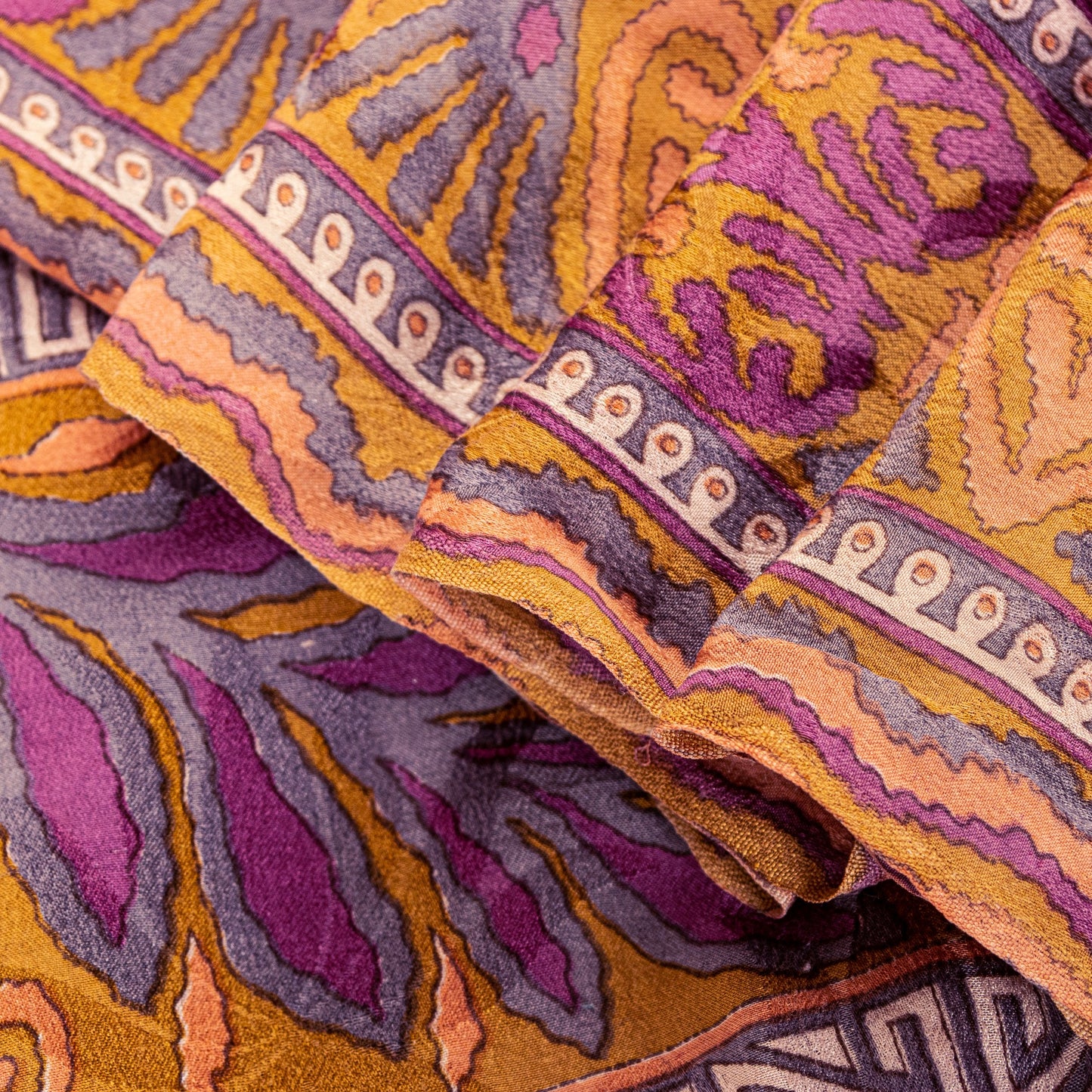 Sanskriti Vintage Purple-Yellow Sari Soft Pure Crepe Abstract Print Saree 5.5Yd