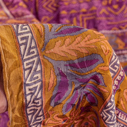 Sanskriti Vintage Purple-Yellow Sari Soft Pure Crepe Abstract Print Saree 5.5Yd