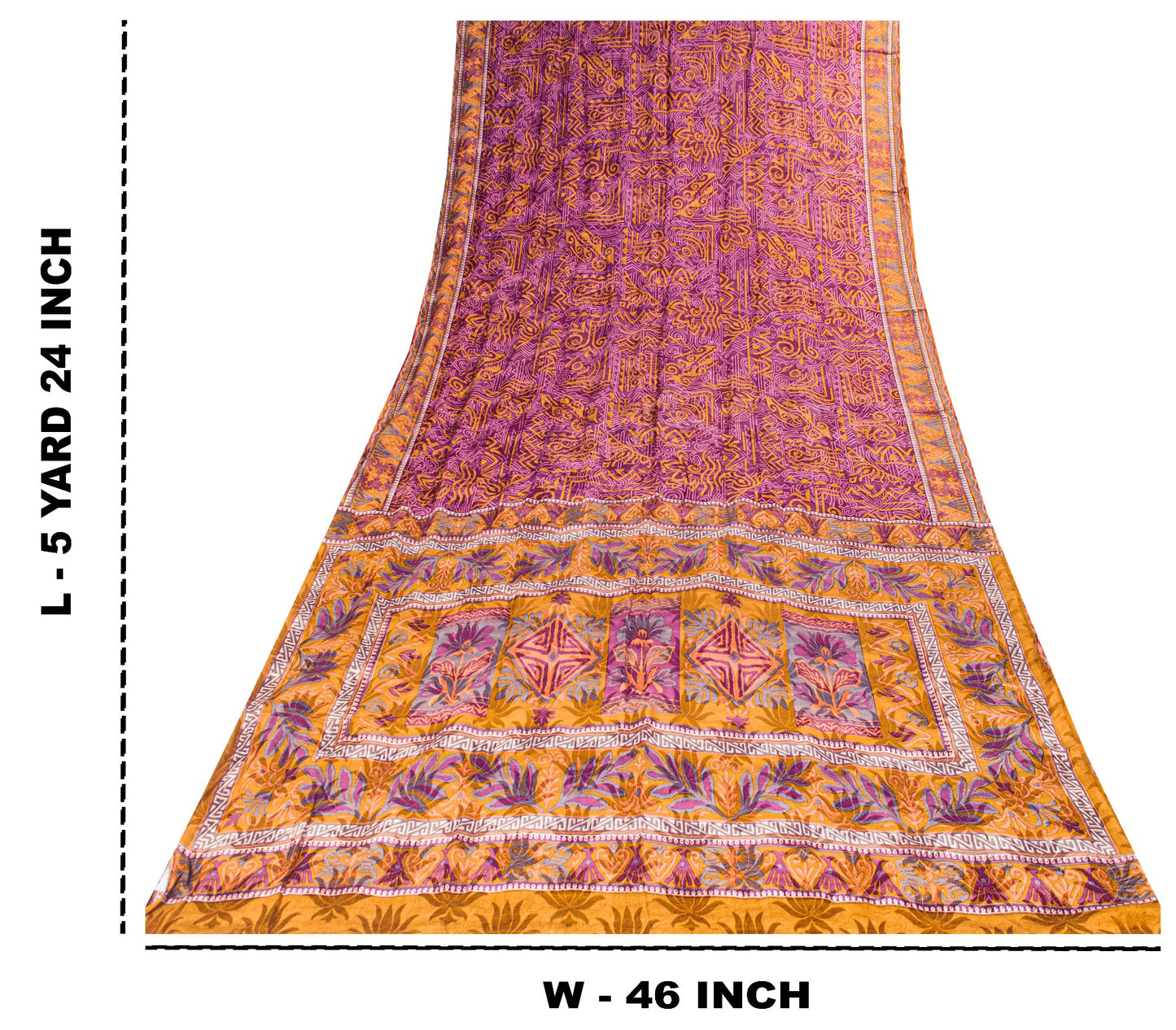 Sanskriti Vintage Purple-Yellow Sari Soft Pure Crepe Abstract Print Saree 5.5Yd