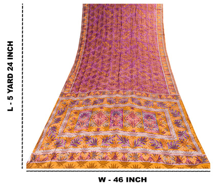 Sanskriti Vintage Purple-Yellow Sari Soft Pure Crepe Abstract Print Saree 5.5Yd