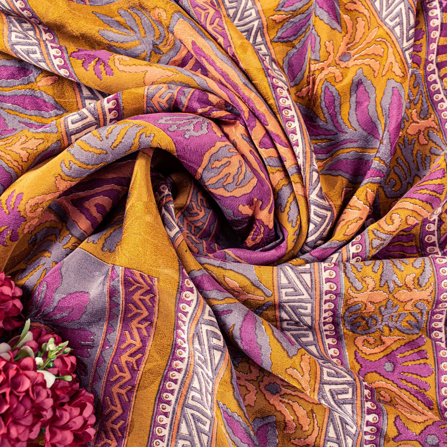Sanskriti Vintage Purple-Yellow Sari Soft Pure Crepe Abstract Print Saree 5.5Yd