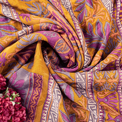 Sanskriti Vintage Purple-Yellow Sari Soft Pure Crepe Abstract Print Saree 5.5Yd