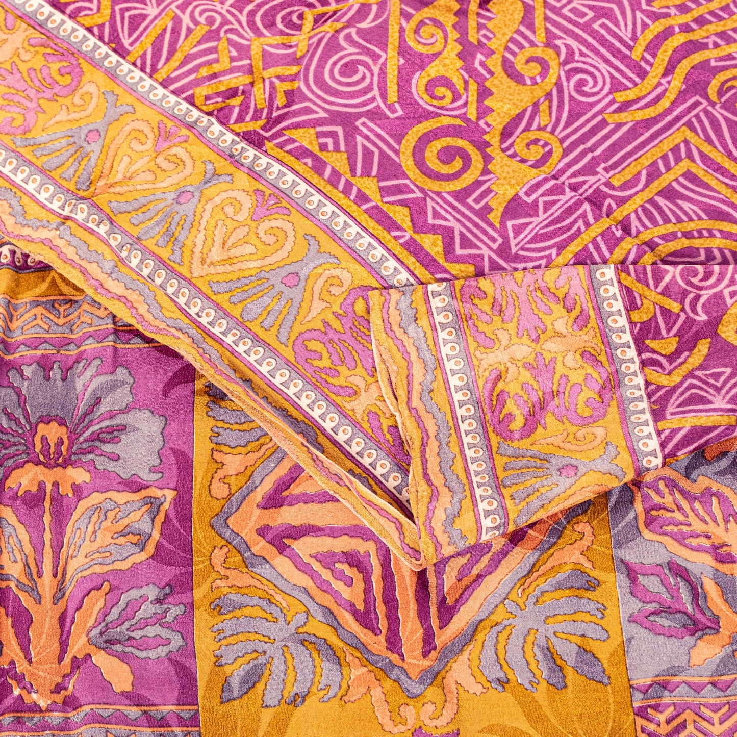 Sanskriti Vintage Purple-Yellow Sari Soft Pure Crepe Abstract Print Saree 5.5Yd