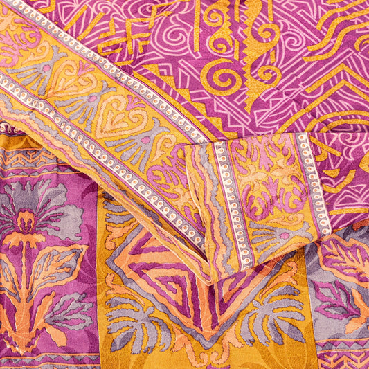 Sanskriti Vintage Purple-Yellow Sari Soft Pure Crepe Abstract Print Saree 5.5Yd