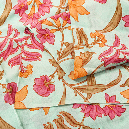 Sanskriti Vintage Ivory Sari Soft Pure Crepe Silk Floral Print Saree 5.5Yd Craft