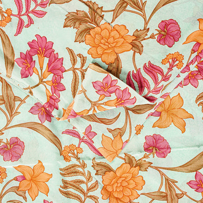 Sanskriti Vintage Ivory Sari Soft Pure Crepe Silk Floral Print Saree 5.5Yd Craft