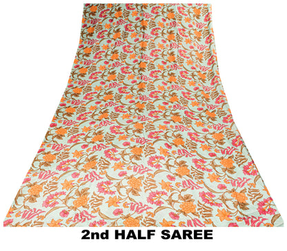 Sanskriti Vintage Ivory Sari Soft Pure Crepe Silk Floral Print Saree 5.5Yd Craft