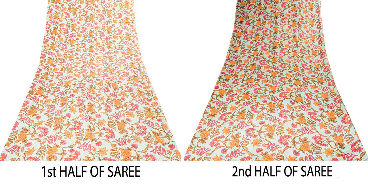 Sanskriti Vintage Ivory Sari Soft Pure Crepe Silk Floral Print Saree 5.5Yd Craft