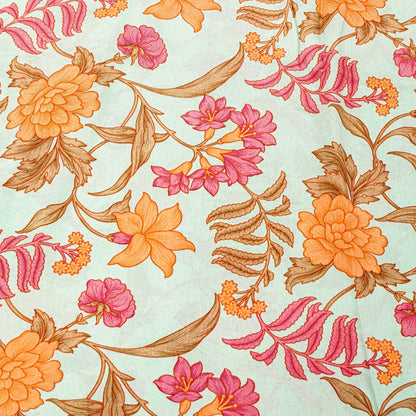 Sanskriti Vintage Ivory Sari Soft Pure Crepe Silk Floral Print Saree 5.5Yd Craft