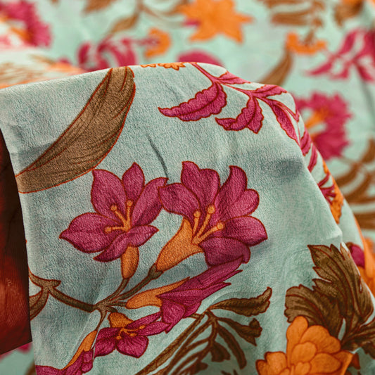 Sanskriti Vintage Ivory Sari Soft Pure Crepe Silk Floral Print Saree 5.5Yd Craft