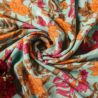 Sanskriti Vintage Ivory Sari Soft Pure Crepe Silk Floral Print Saree 5.5Yd Craft