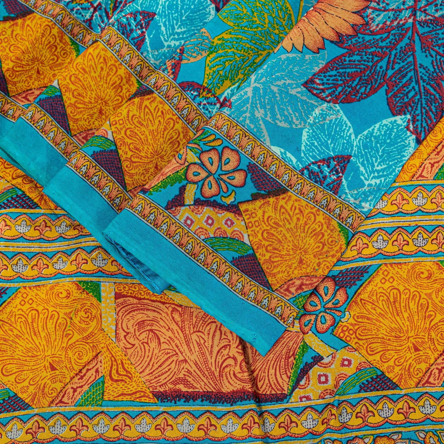 Sanskriti Vintage Blue-Orange Sari Soft Pure Crepe Silk Floral Print Saree 6 Yd