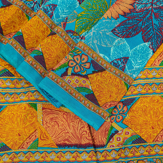 Sanskriti Vintage Blue-Orange Sari Soft Pure Crepe Silk Floral Print Saree 6 Yd