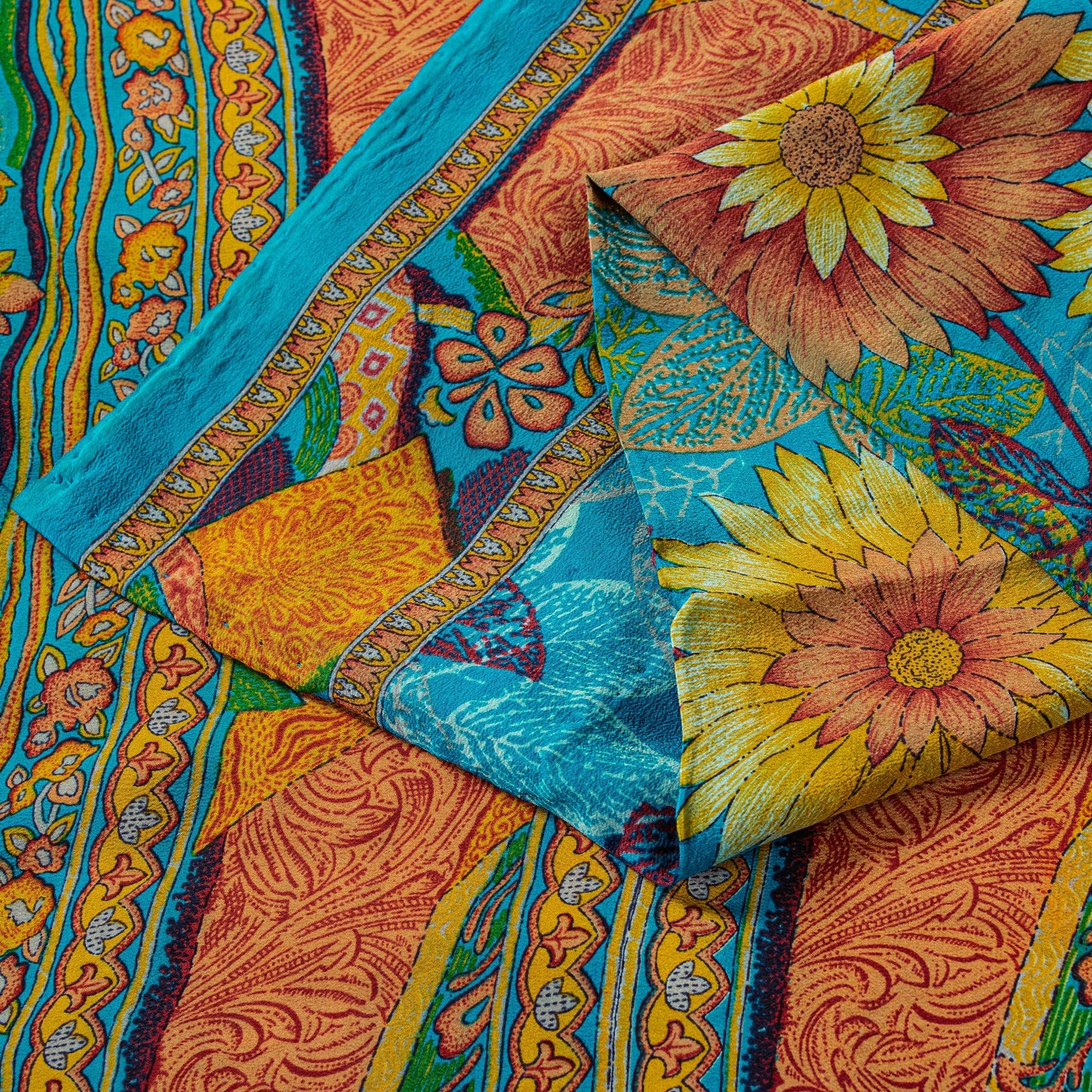 Sanskriti Vintage Blue-Orange Sari Soft Pure Crepe Silk Floral Print Saree 6 Yd