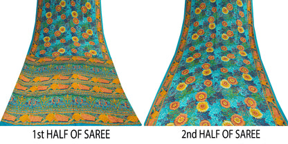 Sanskriti Vintage Blue-Orange Sari Soft Pure Crepe Silk Floral Print Saree 6 Yd