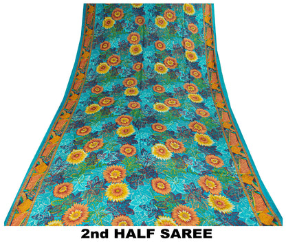 Sanskriti Vintage Blue-Orange Sari Soft Pure Crepe Silk Floral Print Saree 6 Yd
