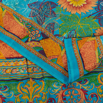 Sanskriti Vintage Blue-Orange Sari Soft Pure Crepe Silk Floral Print Saree 6 Yd