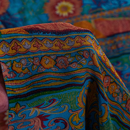 Sanskriti Vintage Blue-Orange Sari Soft Pure Crepe Silk Floral Print Saree 6 Yd