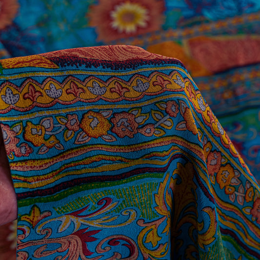 Sanskriti Vintage Blue-Orange Sari Soft Pure Crepe Silk Floral Print Saree 6 Yd