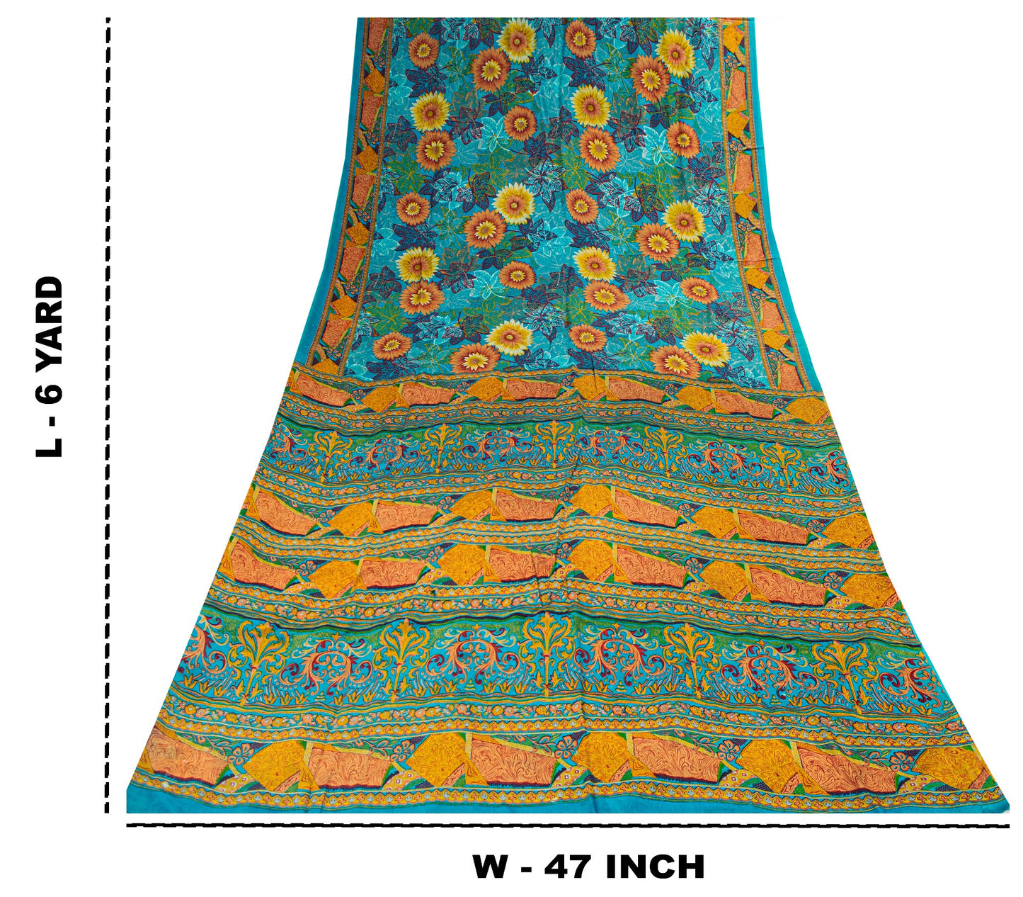 Sanskriti Vintage Blue-Orange Sari Soft Pure Crepe Silk Floral Print Saree 6 Yd