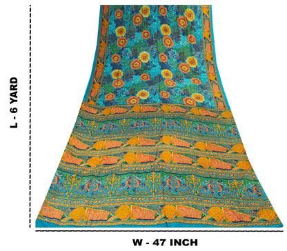 Sanskriti Vintage Blue-Orange Sari Soft Pure Crepe Silk Floral Print Saree 6 Yd