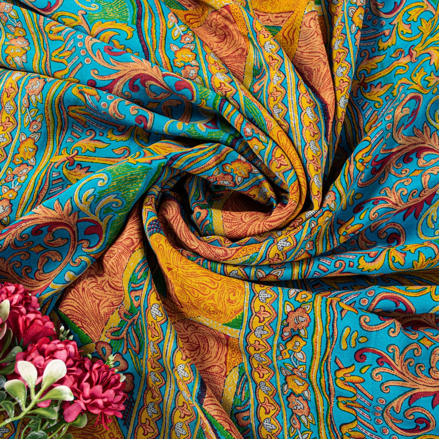 Sanskriti Vintage Blue-Orange Sari Soft Pure Crepe Silk Floral Print Saree 6 Yd