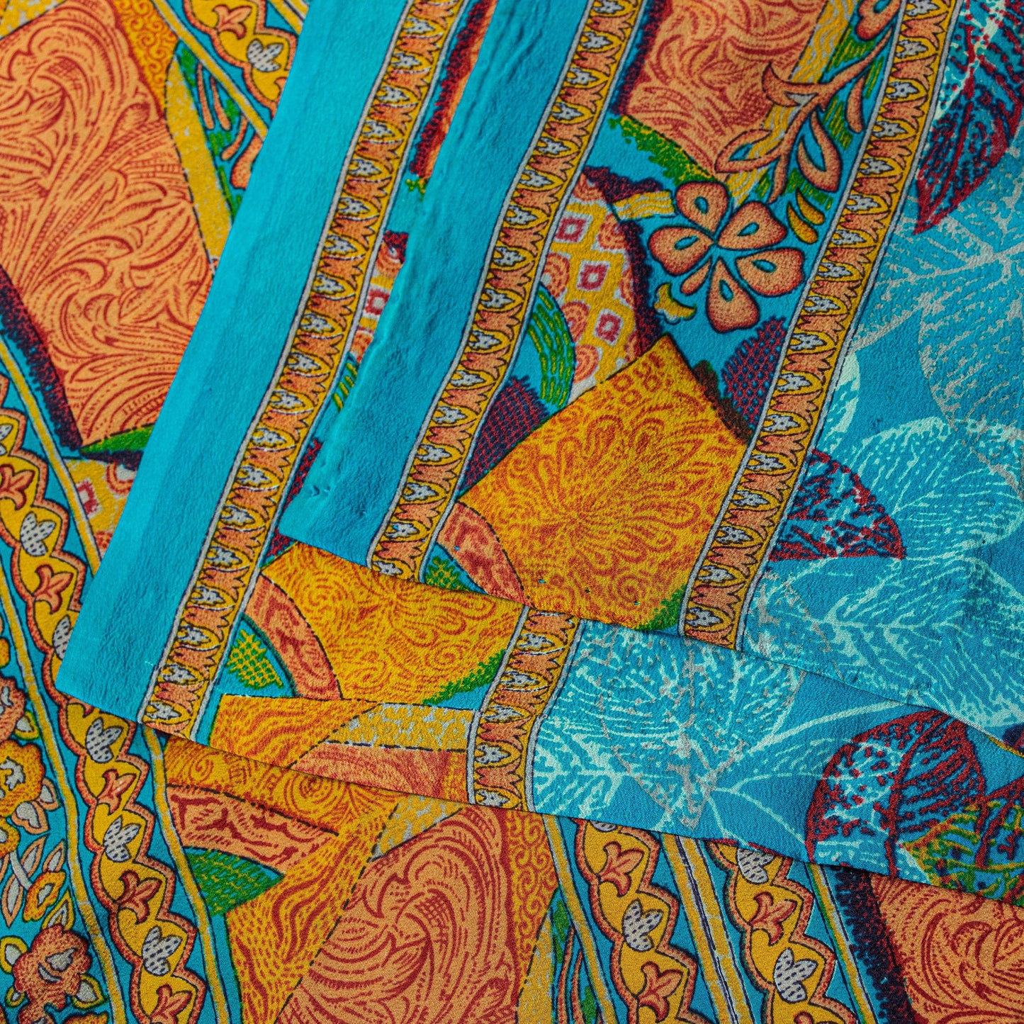 Sanskriti Vintage Blue-Orange Sari Soft Pure Crepe Silk Floral Print Saree 6 Yd