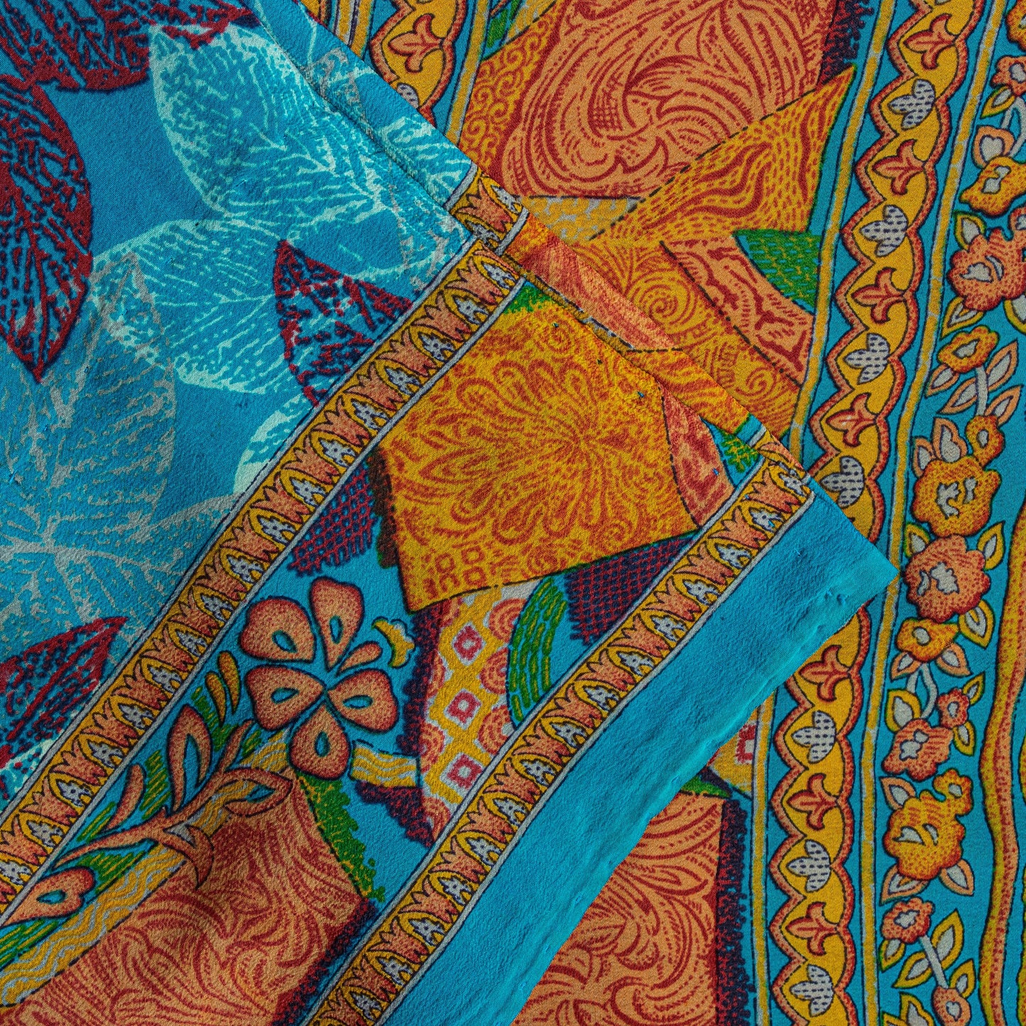 Sanskriti Vintage Blue-Orange Sari Soft Pure Crepe Silk Floral Print Saree 6 Yd