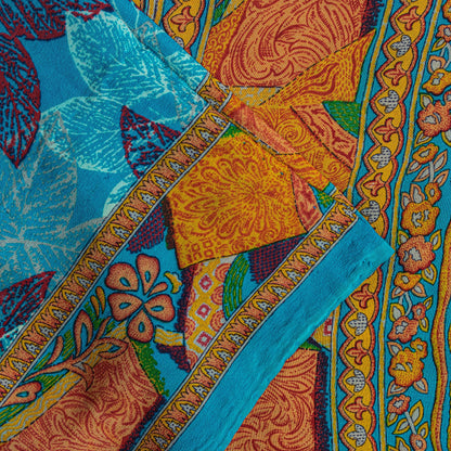 Sanskriti Vintage Blue-Orange Sari Soft Pure Crepe Silk Floral Print Saree 6 Yd