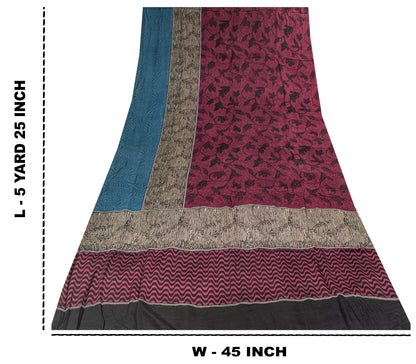 Sanskriti Vintage Purple Sari Soft Pure Crepe Floral Print Saree 5.5Yd Fabric