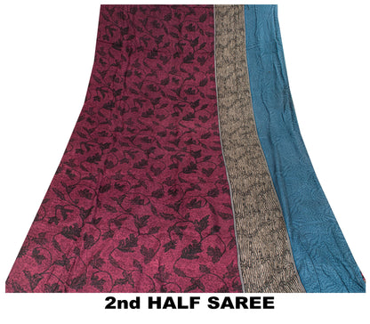 Sanskriti Vintage Purple Sari Soft Pure Crepe Floral Print Saree 5.5Yd Fabric