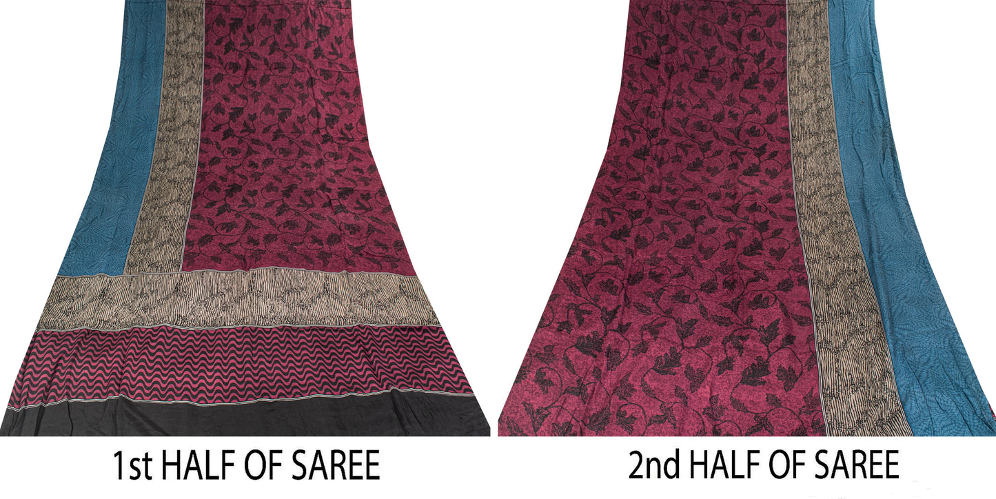 Sanskriti Vintage Purple Sari Soft Pure Crepe Floral Print Saree 5.5Yd Fabric