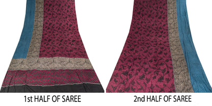Sanskriti Vintage Purple Sari Soft Pure Crepe Floral Print Saree 5.5Yd Fabric