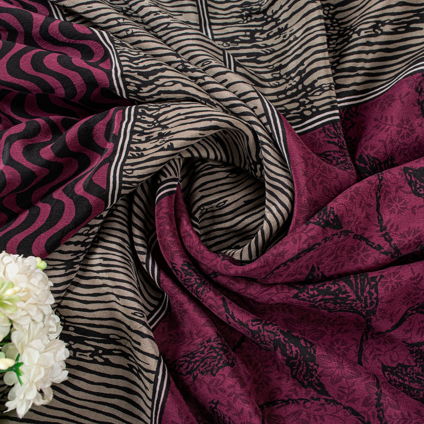 Sanskriti Vintage Purple Sari Soft Pure Crepe Floral Print Saree 5.5Yd Fabric