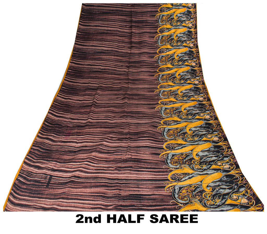 Sanskriti Vintage Purple Sari Soft Pure Crepe Silk Paisley Printed Saree 5.5 Yd
