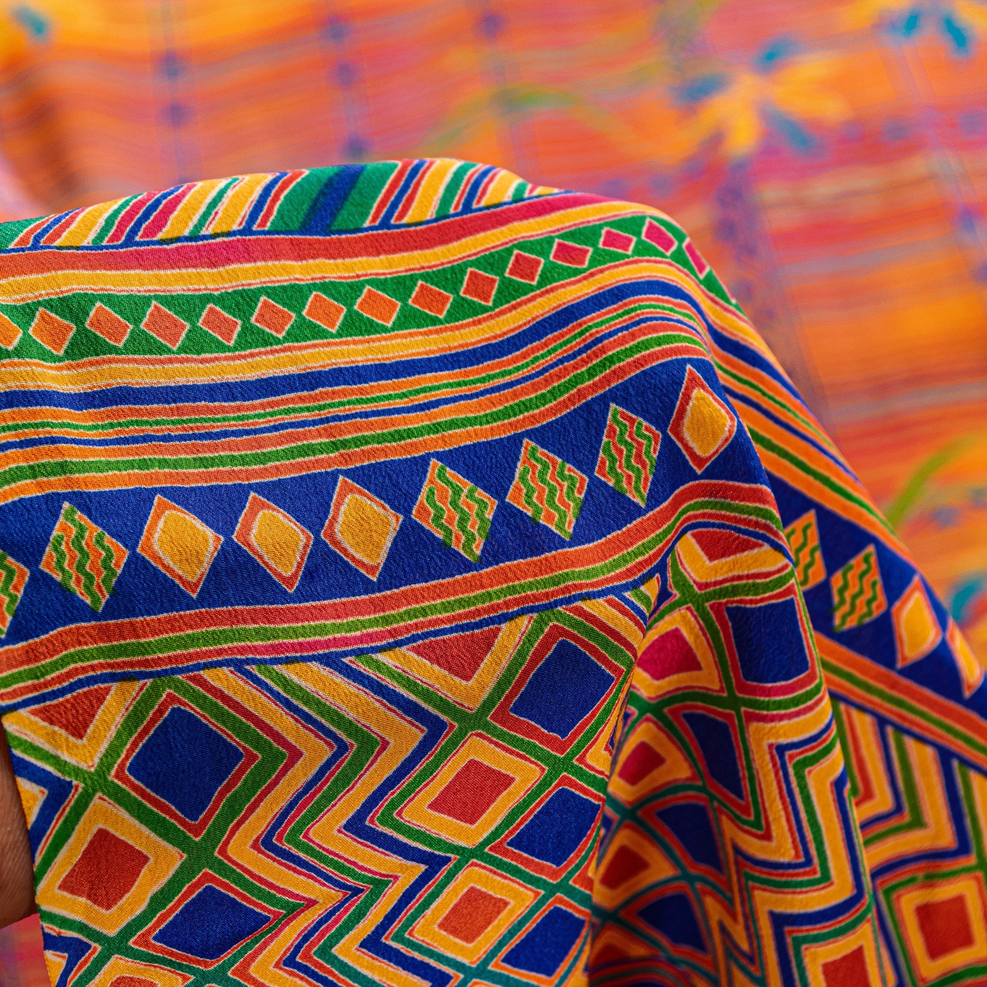 Sanskriti Vintage Multicolor Sari Soft Pure Crepe Geometric Printed Saree 5.5 Yd