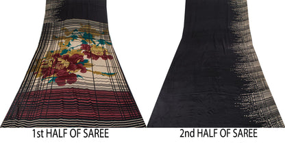 Sanskriti Vintage Saree Black Pure Crepe Digital Print Sari 5.5Yard Craft Fabric