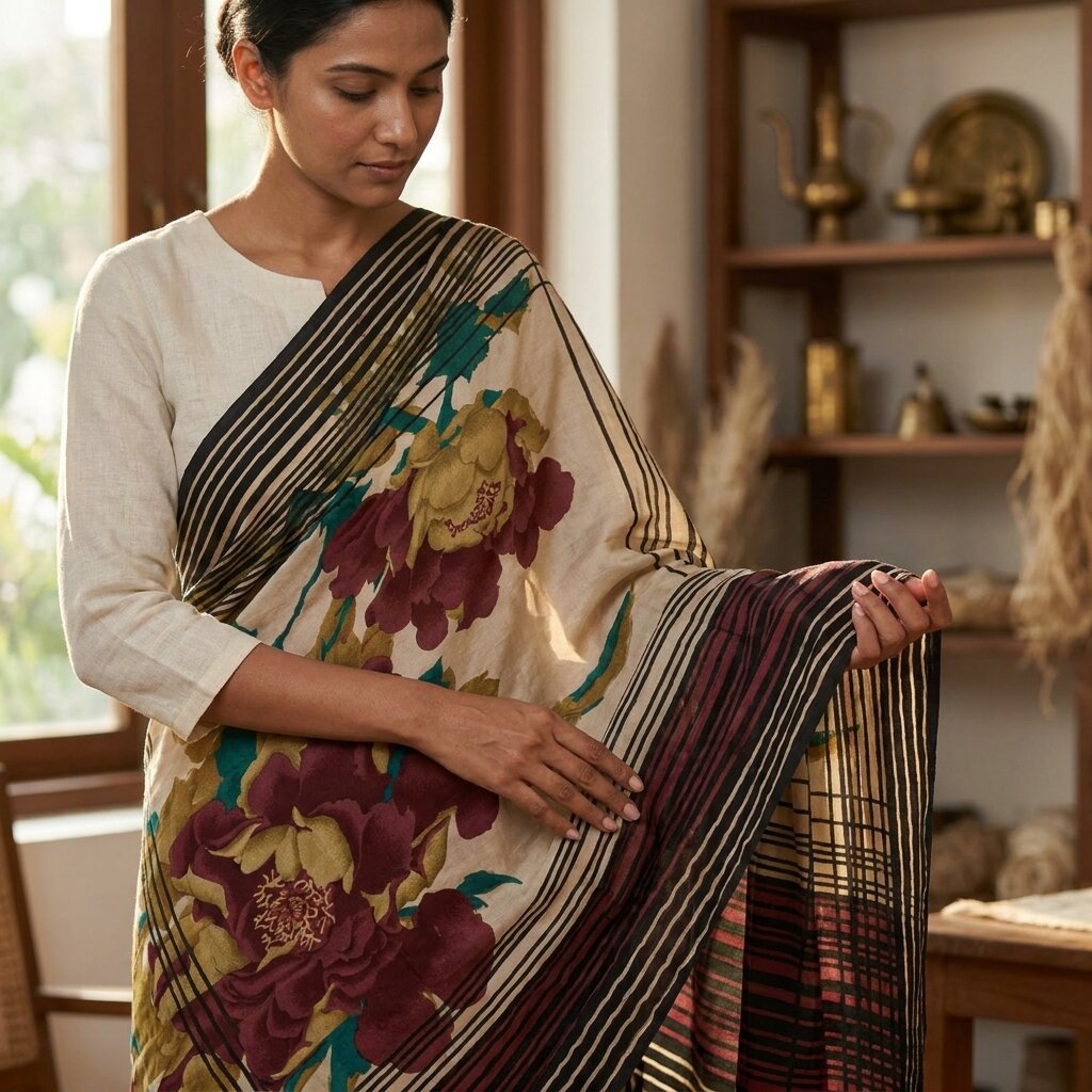 Sanskriti Vintage Saree Black Pure Crepe Digital Print Sari 5.5Yard Craft Fabric
