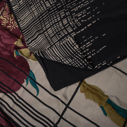 Sanskriti Vintage Saree Black Pure Crepe Digital Print Sari 5.5Yard Craft Fabric