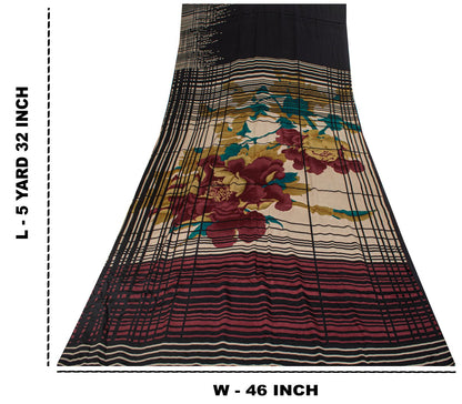 Sanskriti Vintage Saree Black Pure Crepe Digital Print Sari 5.5Yard Craft Fabric