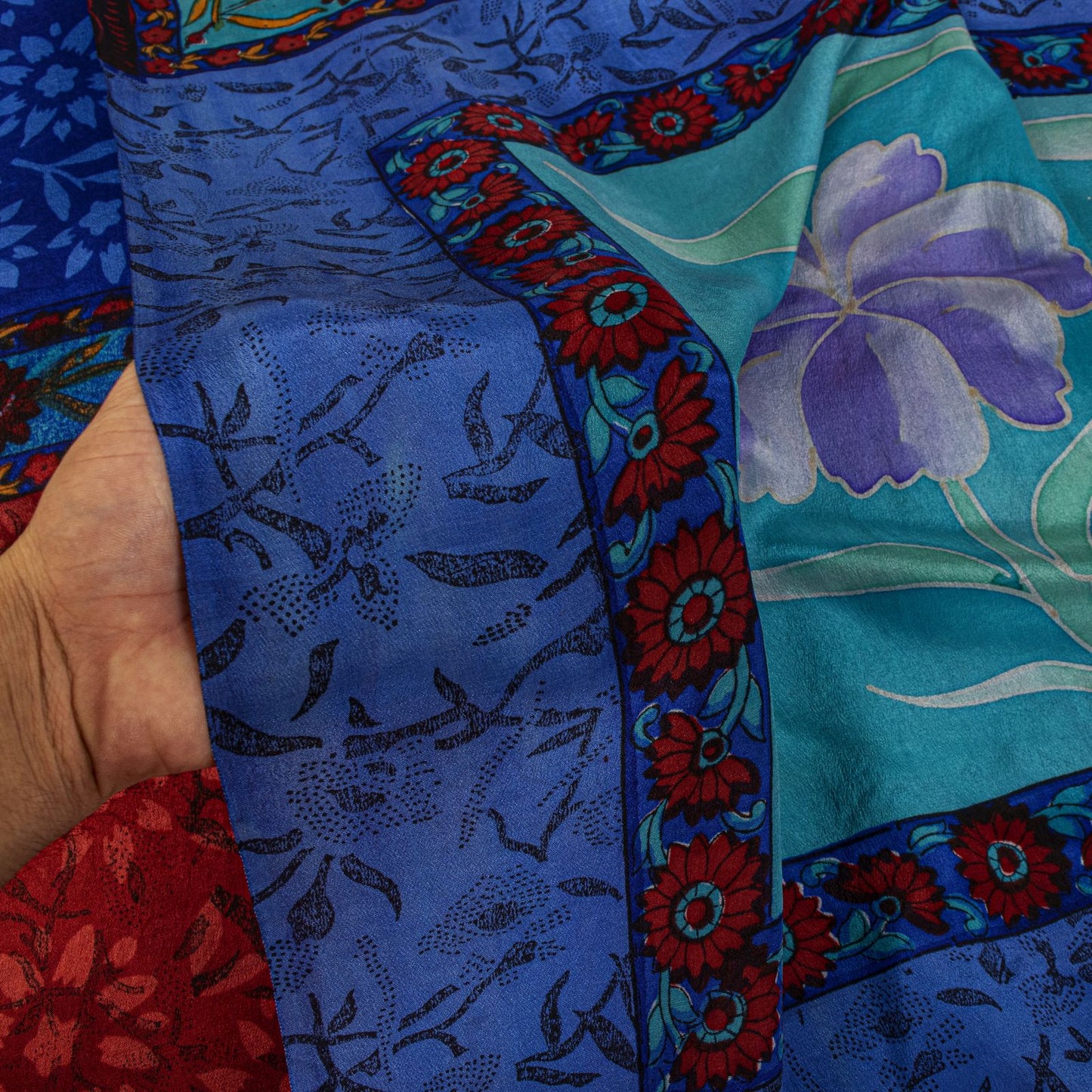Sanskriti Vintage Saree Blue-Brown Pure Crepe Floral Print Sari 5.5+Yard Fabric